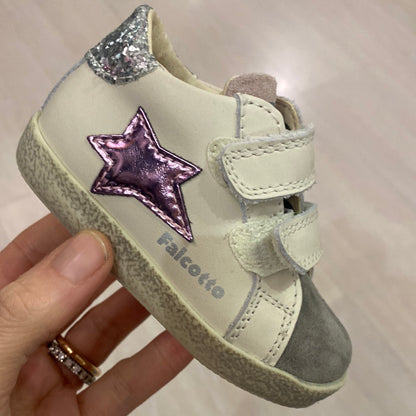 FALCOTTO sneakers bambina pelle bianca punta grigia e stella argento