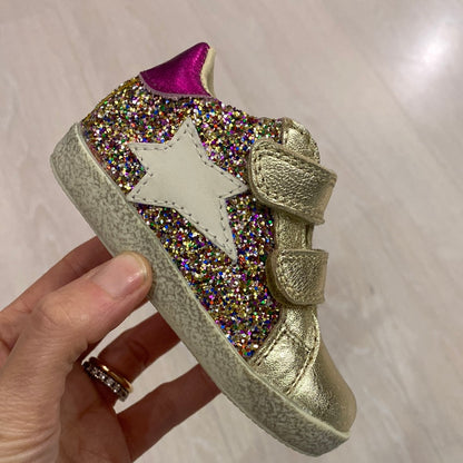 sneakers in pelle oro e glitter multicolor e Rosa