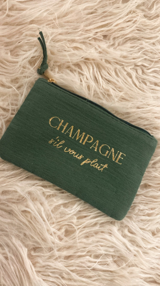 Pochette champagne colore verde scritta oro