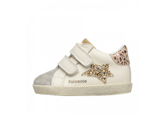 FALCOTTO sneakers in pelle bianca stella glitter oro